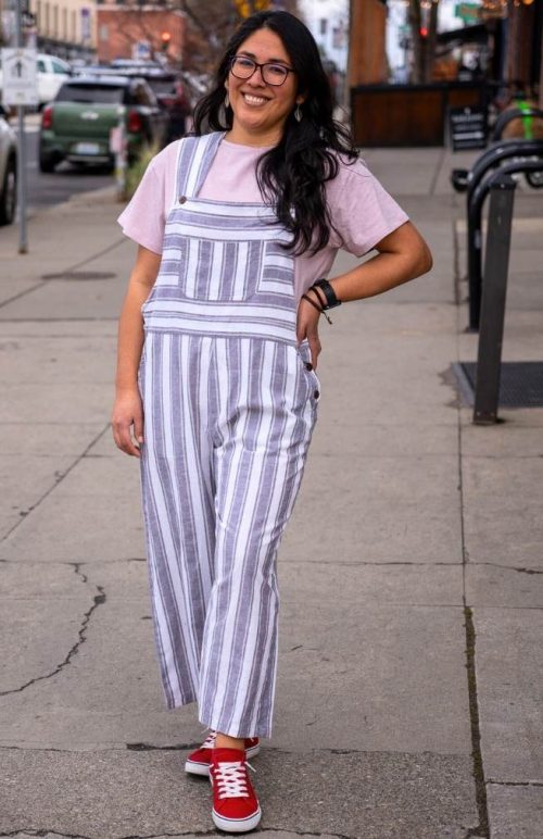 grey white wide stripe overalls fair trade nepal