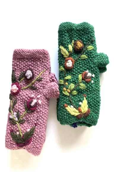 wool embroidered fingerless glove fair trade nepal