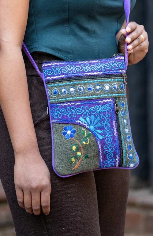 cotton embroidered passport purse with two front zippered pockets