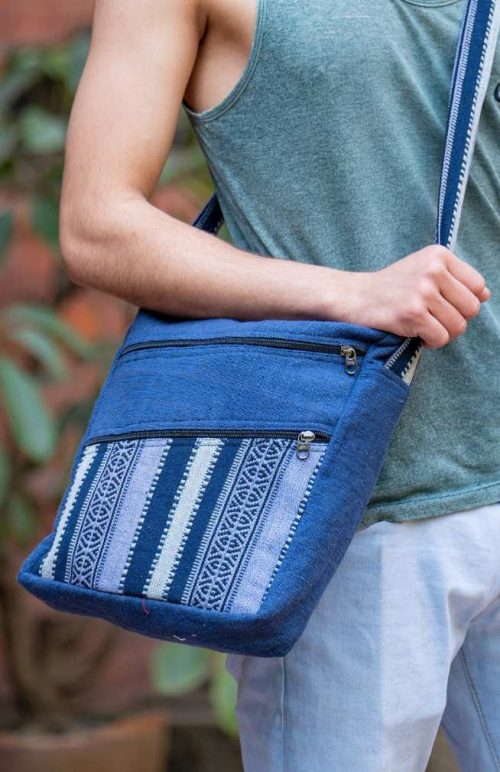 cotton cross body purse with two front diagonal zippers and cotton gyari fabric