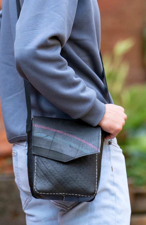 recycled tire cross body bag fair trade Nepal