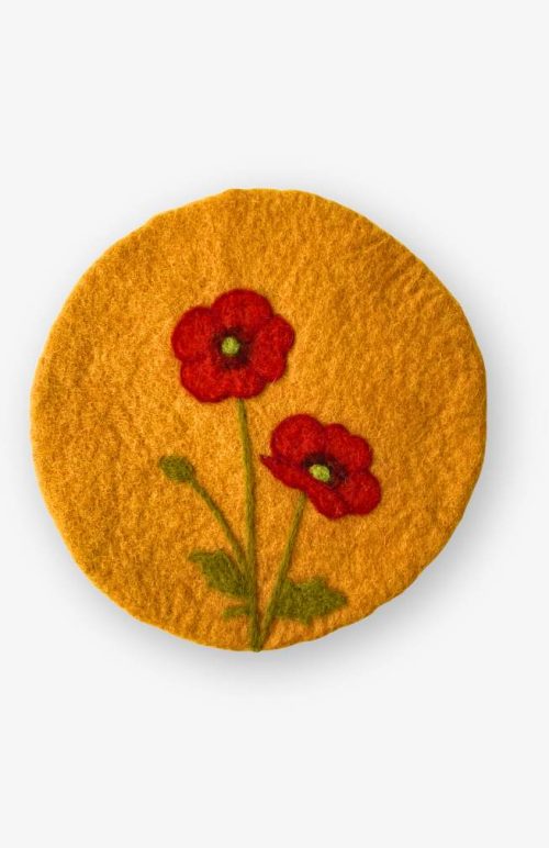 Gold colored felt trive with red poppy August flower of the month