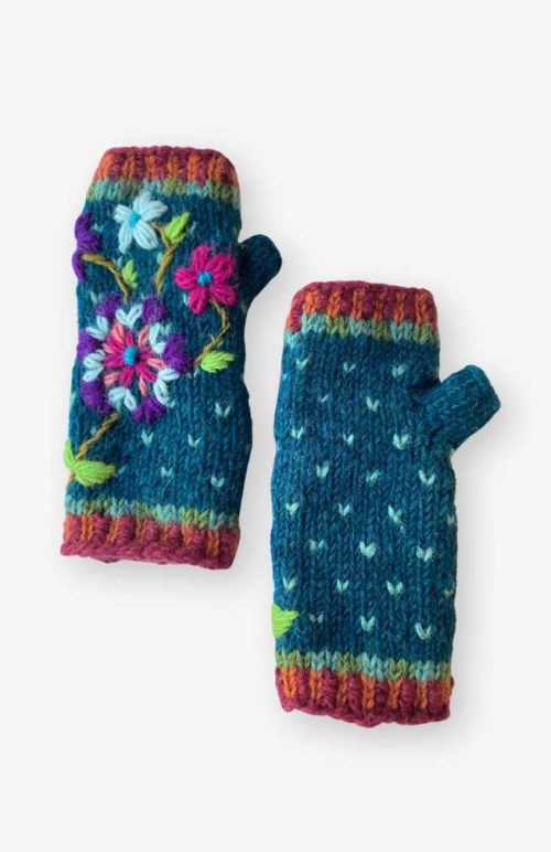wool knit fingerless gloves embroidered fleece lined fair trade Nepal