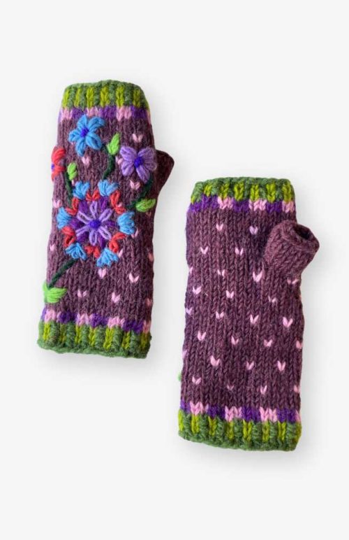 Wool knit fingerless glove embroidery fleec lined fair trade Nepal