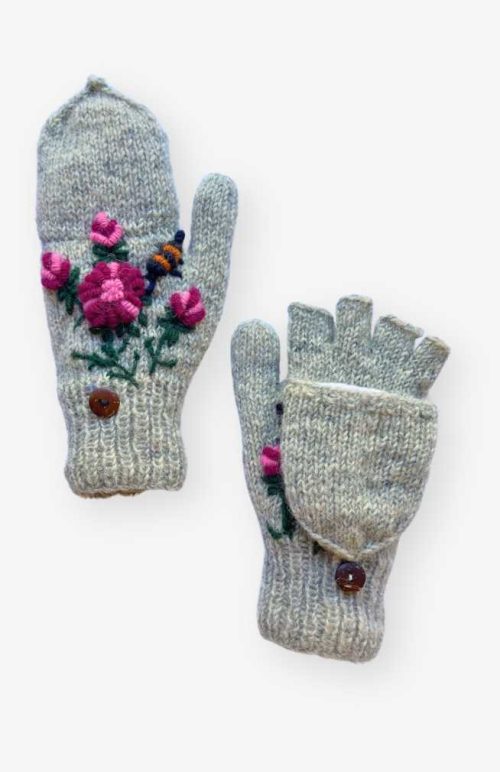wool knit fleece lined glitten flower bee embroidery fair trade Nepal