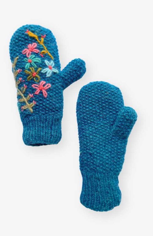 wool mittens fleece lined flower embroidery fair trade Nepal