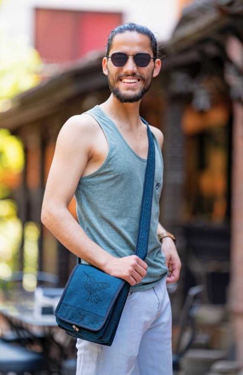 cotton blockprint camera bag with front zippered pocket