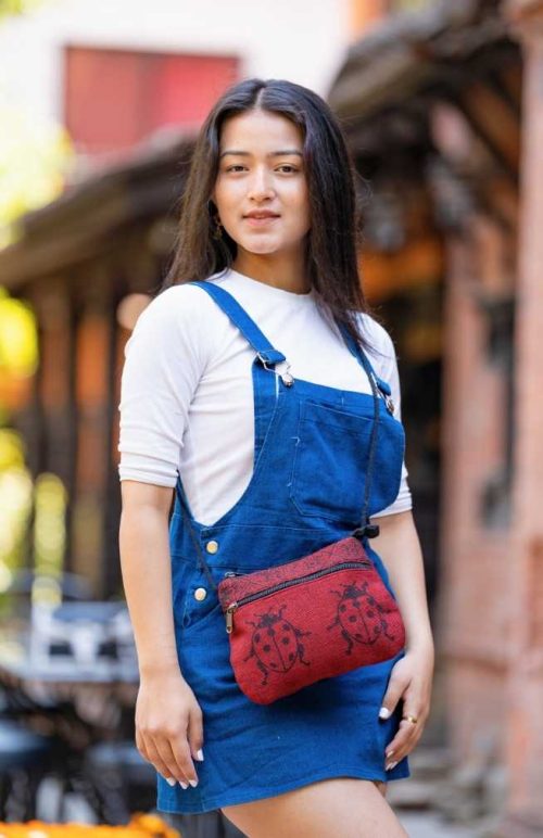 block print cross body cotton purse with front zipper pocke