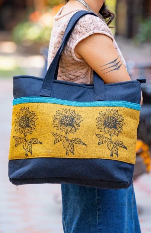 cotton block print tote bag, fair trade nepal