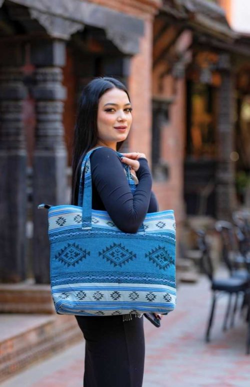 cotton block print knitting bag with two large front pockets and back zippered pocket