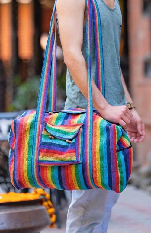 Tibetan weave duffle bag with side and front pockets