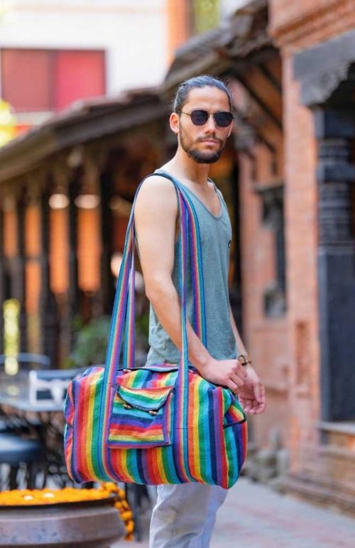 Tibetan weave duffel bag with side and front pockets
