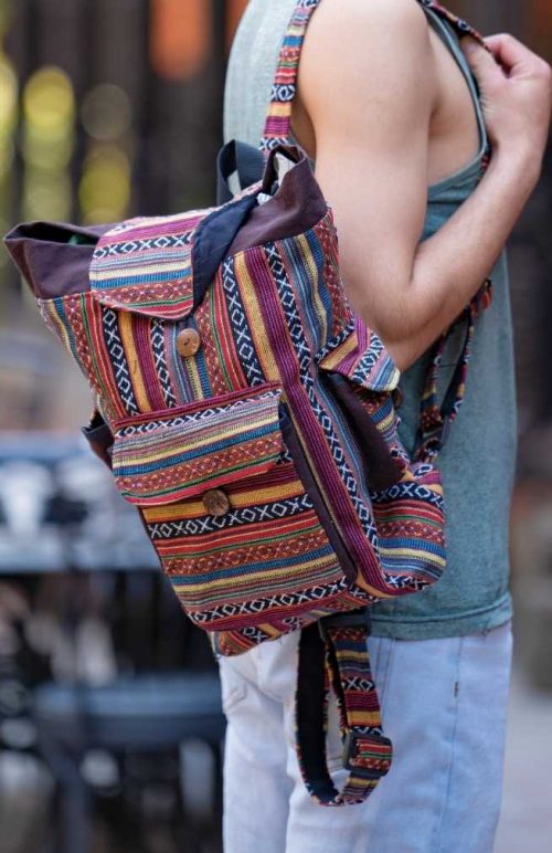 cotton backpack with small front pocket and button