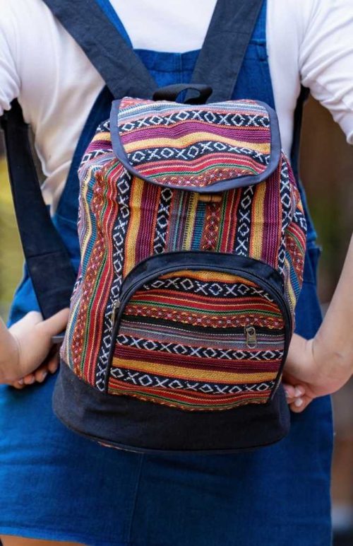 cotton backpack with drawstring and double front zippered pocket