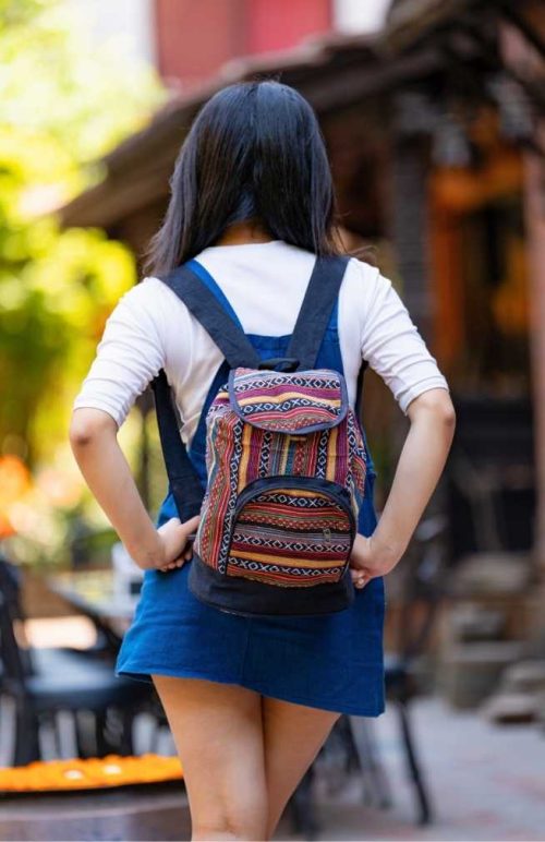 drawstring backpack gyari cotton with zippered front pocket