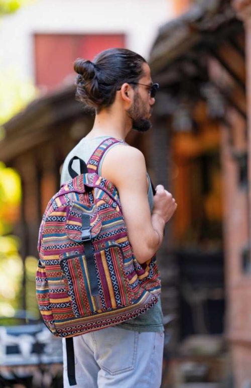 cotton backpack gyari fabric front zippered pocket and decorative front flap with plastic clip