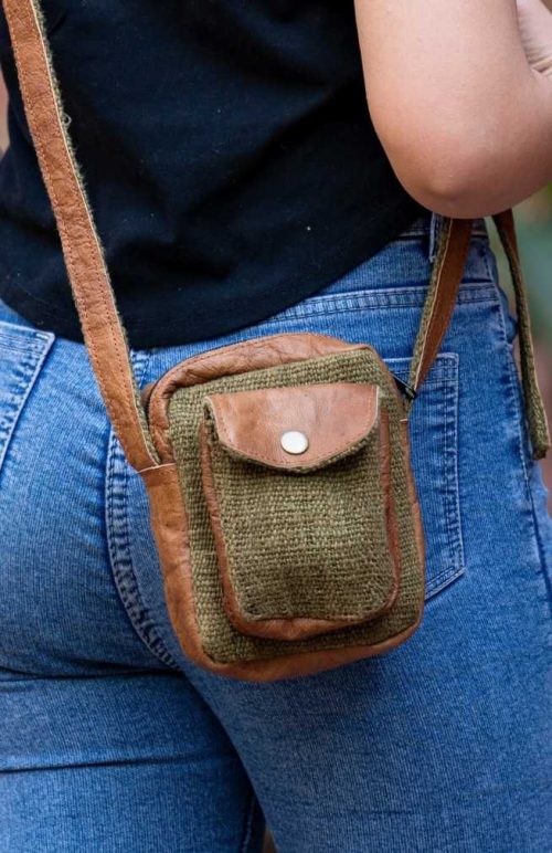 no kill leather and hemp cross body bag fair trade nepal