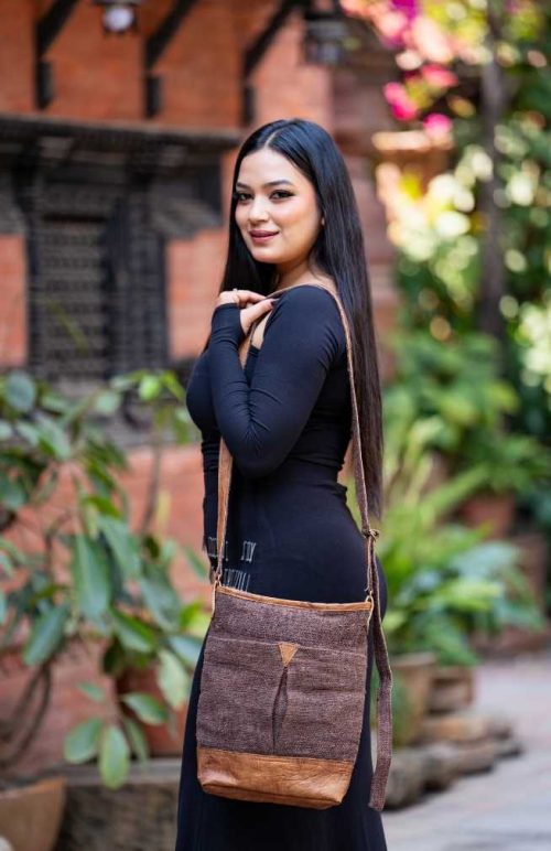hemp and leather cross body purse with adjustable strap