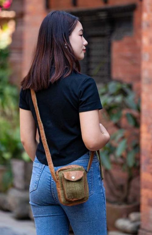 hemp and no kill leather purse with adjustable strap and snap pocket