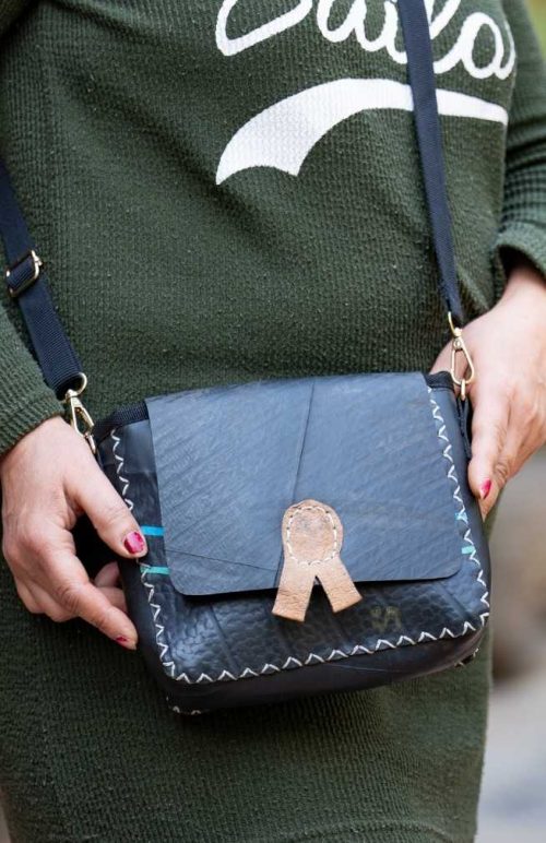recycled rubber purse with leather detail