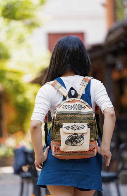 cotton blockprint backpack, front pocket with button closure