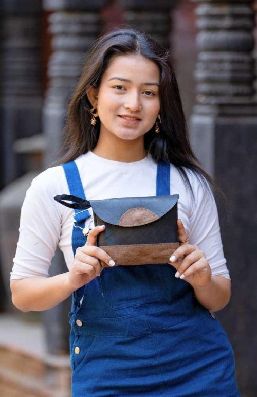 recycled rubber clutch purse with leather accents