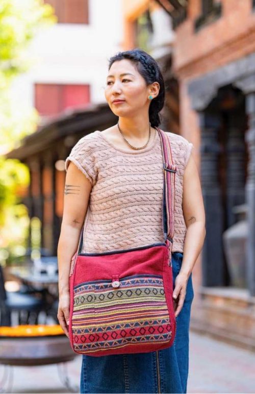 square cotton cross body bag with large gyari fabric pocket