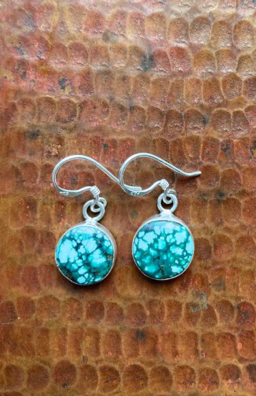 Sterling silver round turquoise earrings handmade fair trade Nepal blue