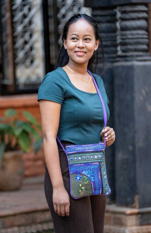 cotton passport cross body bag with flower embroidery