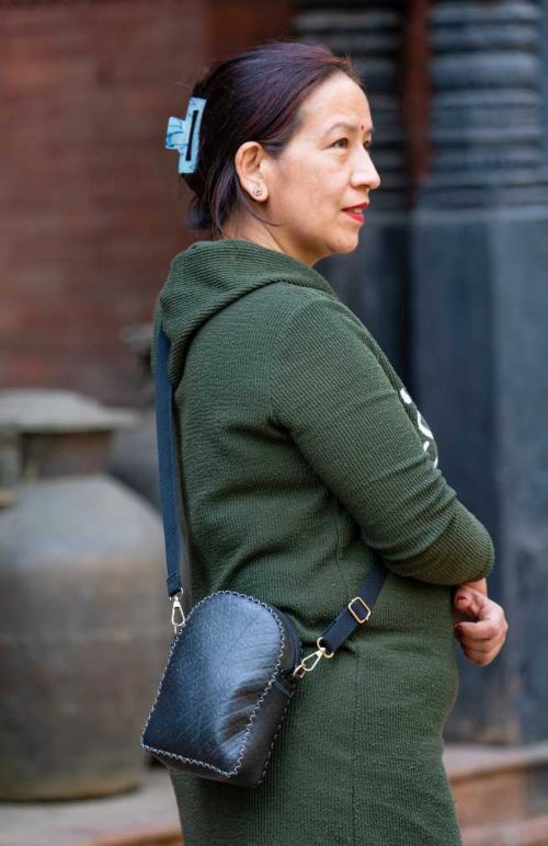 rubber cross body bag with rounded top