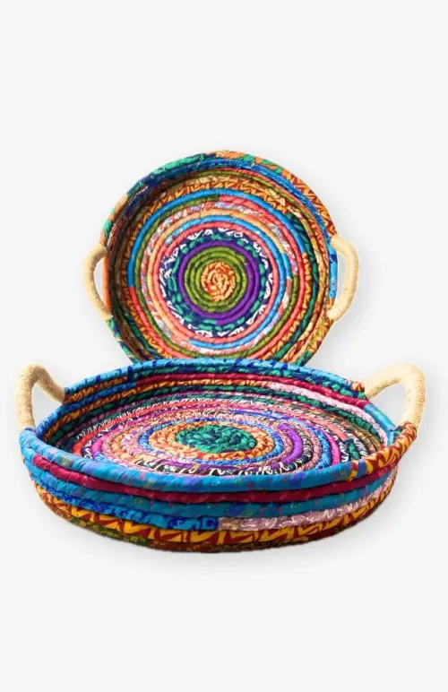 sari wrapped tray, garland, jute handles, fair trade Nepal