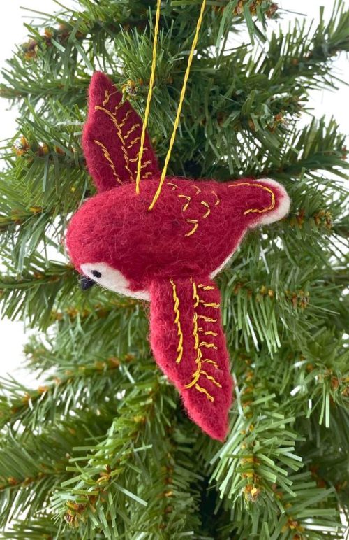 felt red bird ornament fair trade Nepal