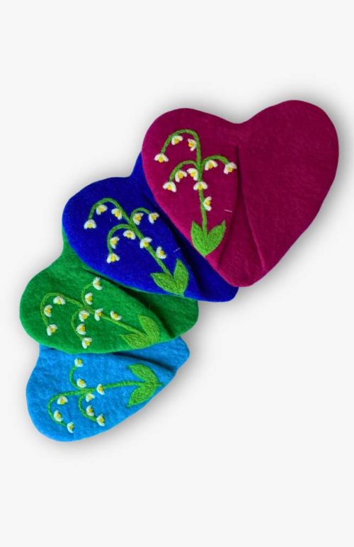 heart shaped felt pot holder with lilly of the valley