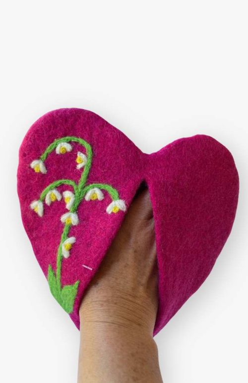 Heart shaped felt pot holder with lilly of the valley
