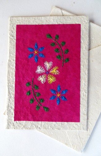 embroidered card tree free paper lokta bush fair trade Nepal