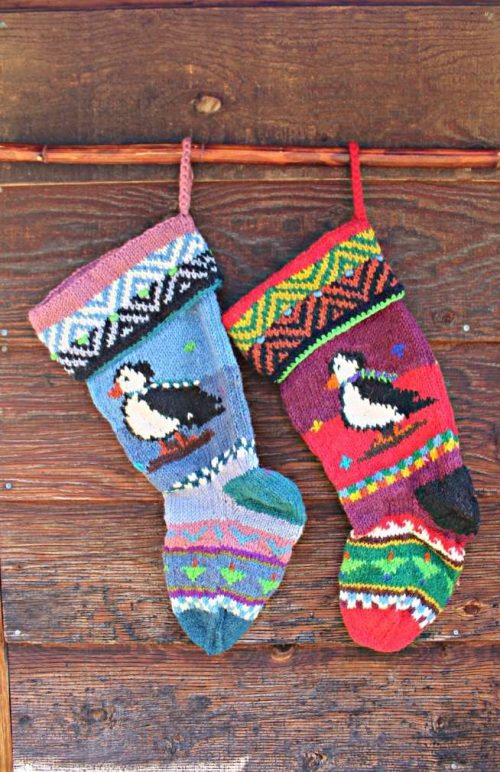 wool knit stocking puffin fair trade nepal