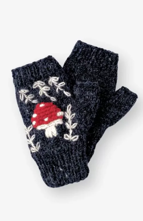 knit fingerless gloves with embroidered mushroom design fair trade Nepal