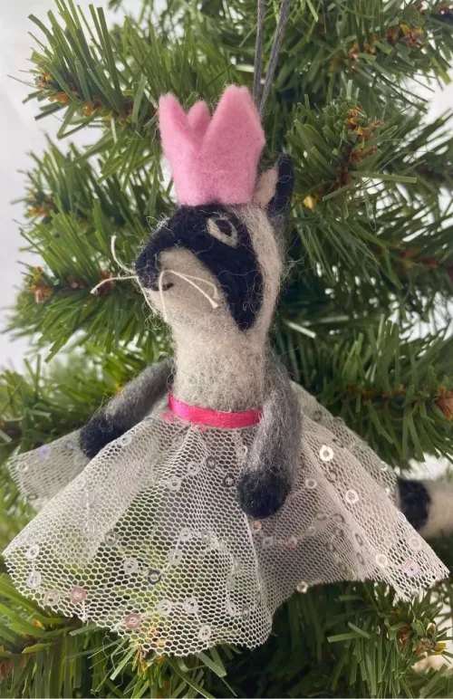 felt raccoon ornament with tutu, fair trade Nepal
