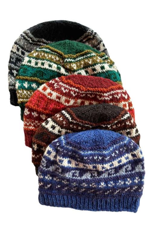 hand knit wool beanie, fair trade Nepal