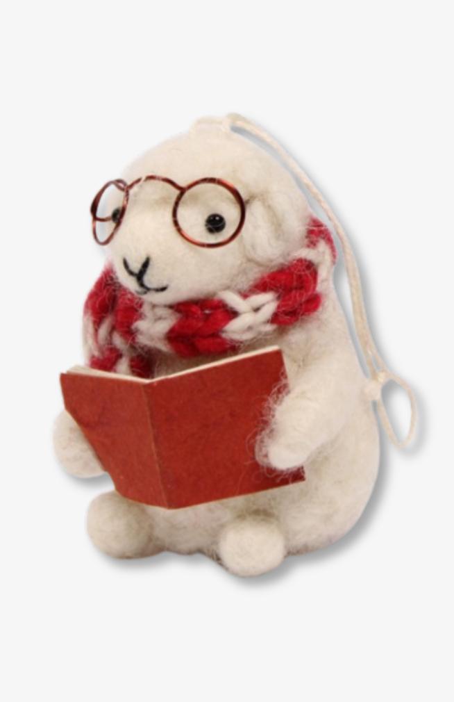 Reading Sheep with Glasses Ornament