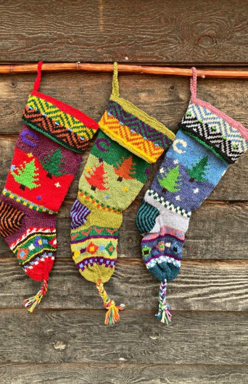hand knit xmas stockings, fair trade Nepal