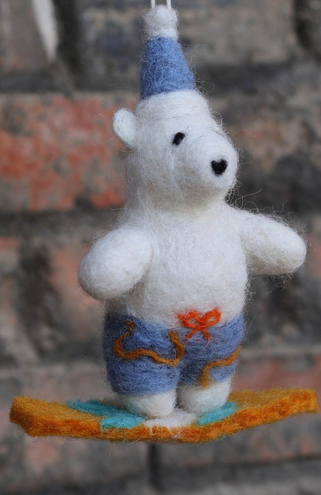 hand felted surfing polar bear Christmas tree ornament fair trade Nepal