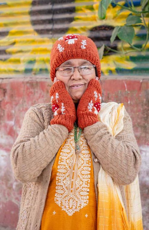 mushroom embroidered knit hat handwarmer wool handmade