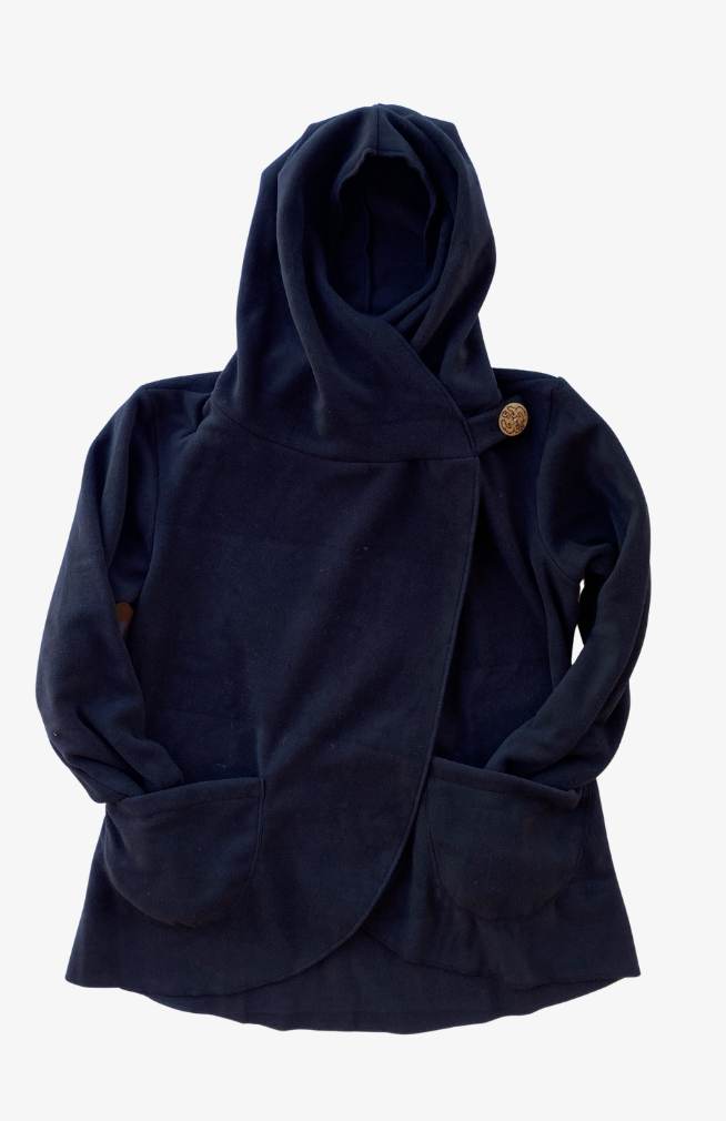black hooded fleece jacket with two front pockets and asymmetrical front flap