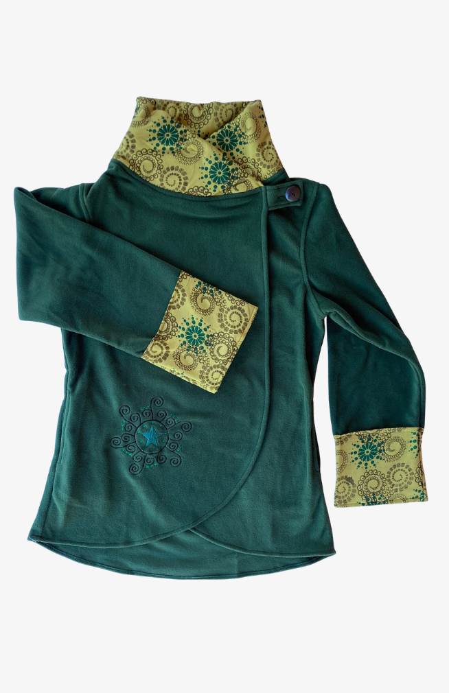green fleece jacket with cotton cuffs and collar