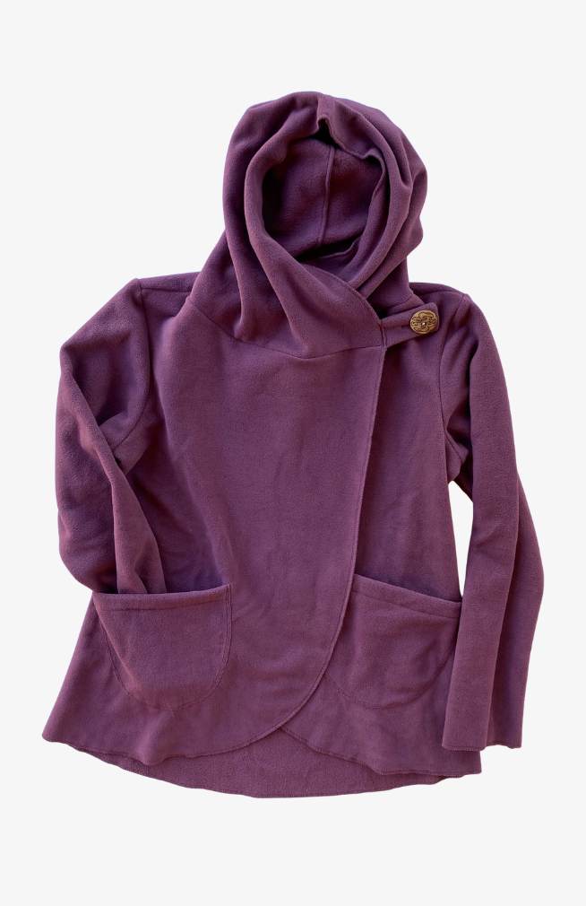 plum colored hooded fleece sweatshirt with front pockets
