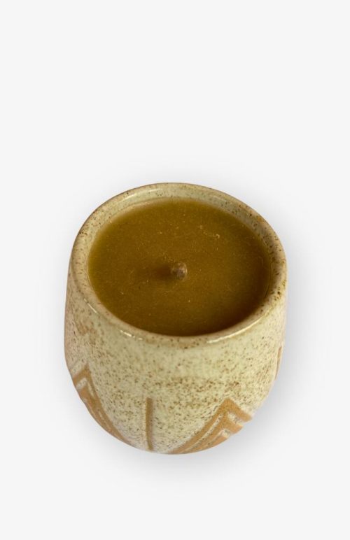 long burning beeswax candle in tapered ceramic cup