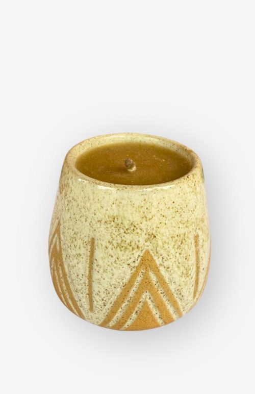 pure Nepali beeswax candle with cotton wick in ceramic cup with mountain design