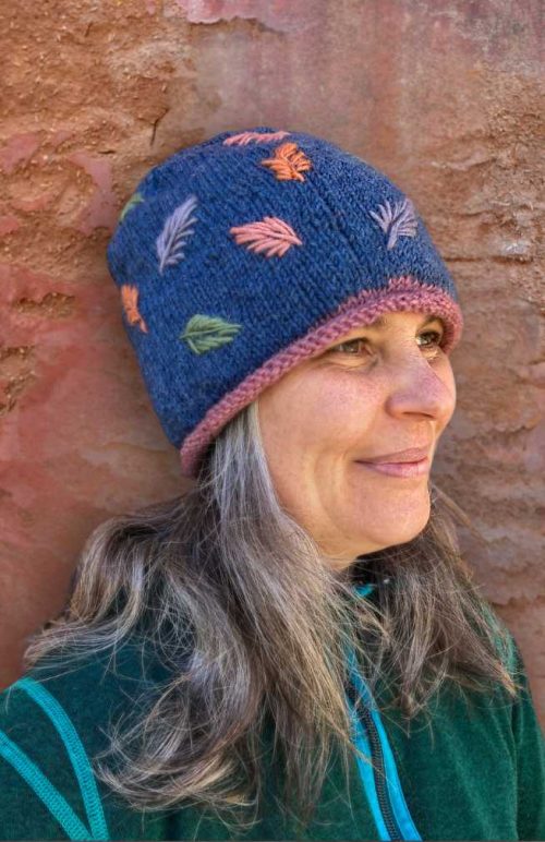 knit wool hat fleece lined embroidery roll cuff leaf fair trade Nepal