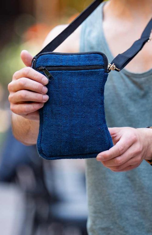small blue hemp bag with adjustable strap fair trade Nepal